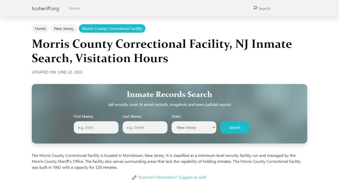 Morris County Correctional Facility, NJ Inmate Search ...